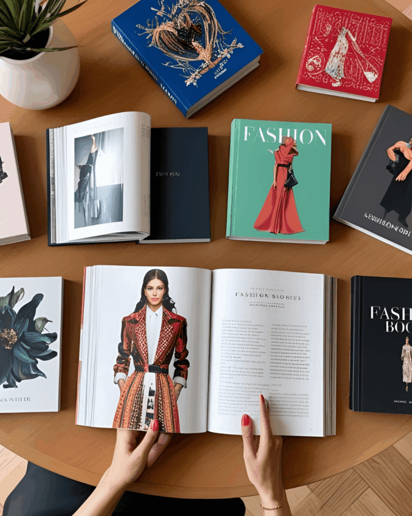 Livros de moda sobre uma mesa