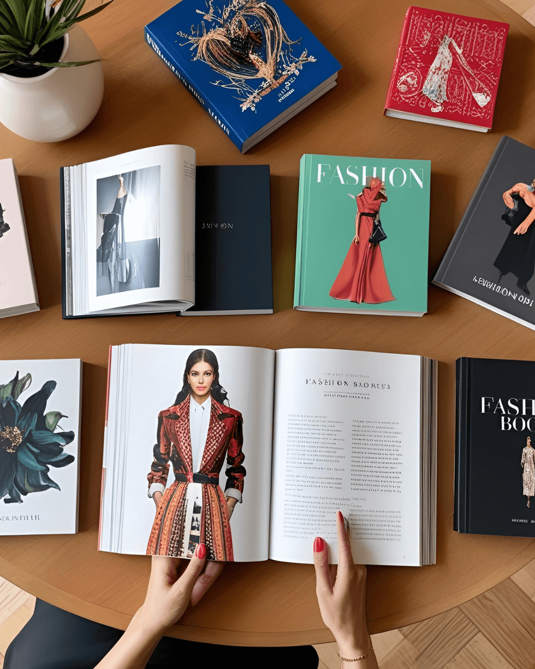 Livros de moda sobre uma mesa